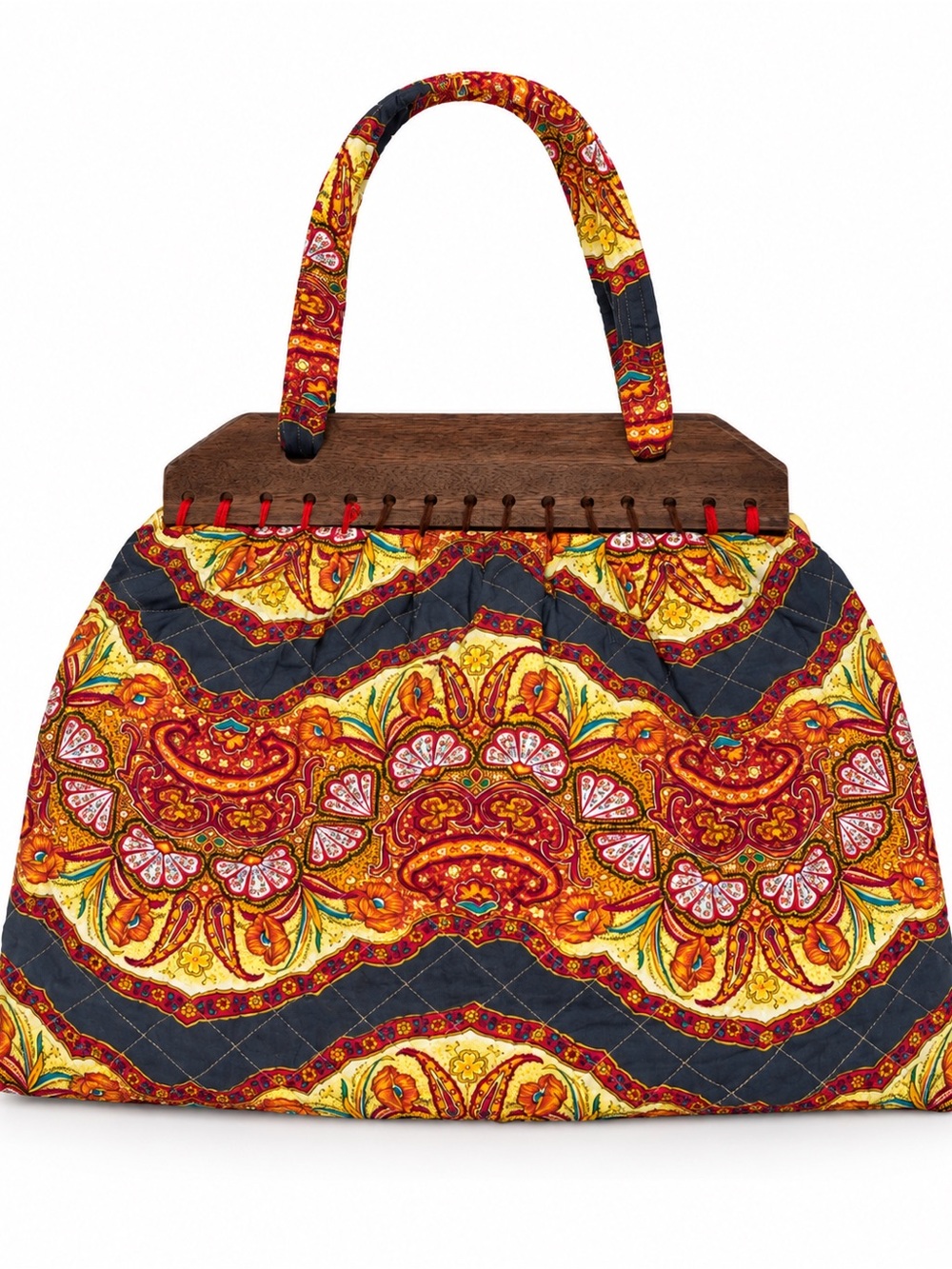 Boho Paisley Quilted 100% Cotton Tote Bag Purse with Wooden Handle Multicolor